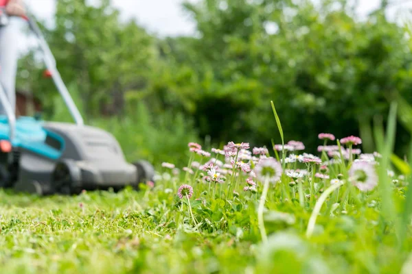 outdoor worker mowing the lawn