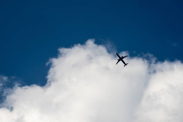 The plane flies in the clouds