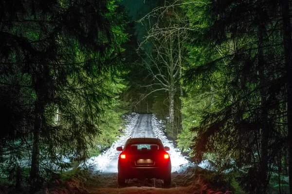 Sürüş kış - ışıkları karanlık gece ormanda, büyük araba ve kış yol çam ağaçları kapalı kar