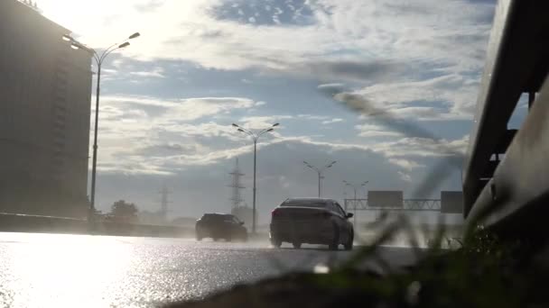 Widok Ziemi Ruchu Mokrej Jezdni Autostrady Mgły Splash Deszczu Zielonych — Wideo stockowe