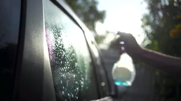 Очистка Стекла Автомобиля Природе — стоковое видео