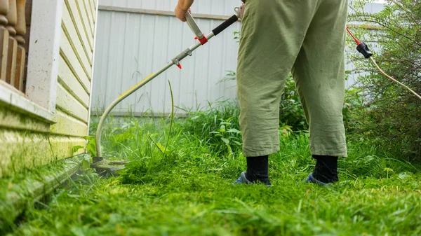 Kadın çimlerini elektrikli kenar düzeltici ile düzeltme