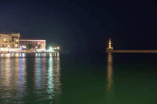 Greece Chania August 2018 Illuminated Venetian Habour Chania Night Crete — Stock Photo, Image