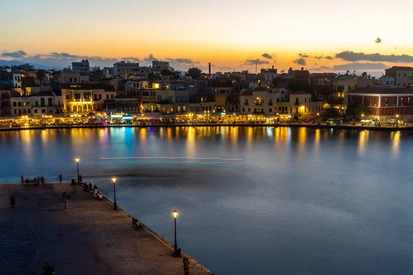 Grecia Chania Agosto 2018 Habour Veneciano Iluminado Chania Noche Creta —  Fotos de Stock