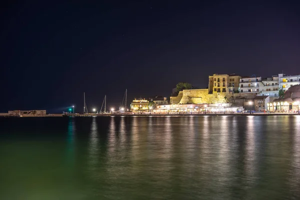 Grecia Chania Agosto 2018 Habour Veneciano Iluminado Chania Noche Creta —  Fotos de Stock