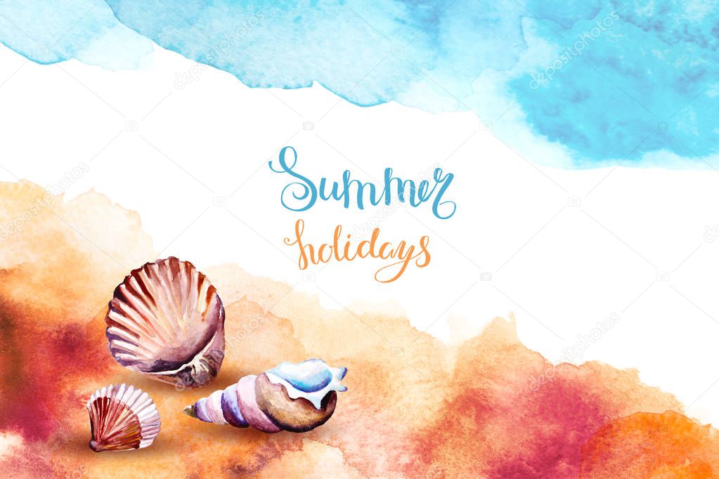 Watercolor illustration of a sea shells on a beach.