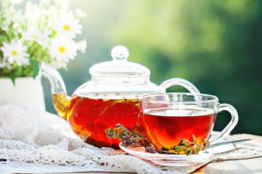 Fincan sıcak çay nane ve yaz bahçesinde ahşap bir masa üzerinde bir kekik ile. Seçici odak,