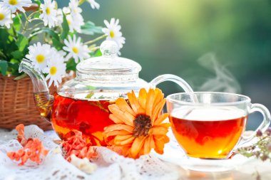 Fincan sıcak çay nane ve yaz bahçesinde ahşap bir masa üzerinde bir kekik ile. Seçici odak,