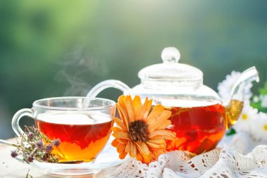 Fincan sıcak çay nane ve yaz bahçesinde ahşap bir masa üzerinde bir kekik ile. Seçici odak,