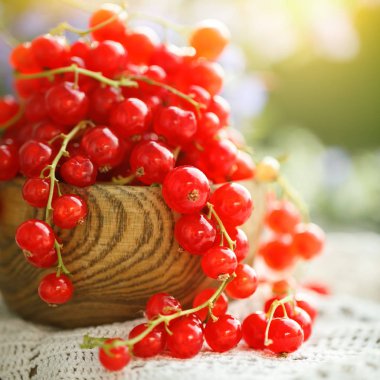 Bahçedeki ahşap bir masa üzerinde olgun kırmızı kuş üzümü.