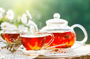 Fincan sıcak çay nane ve yaz bahçesinde ahşap bir masa üzerinde bir kekik ile.