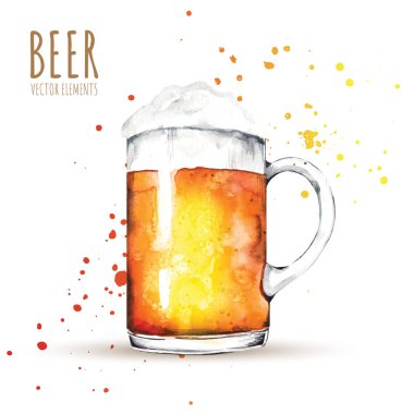 Bira temalı sulu boya öğeleri. Bira cam, atlama, malt.