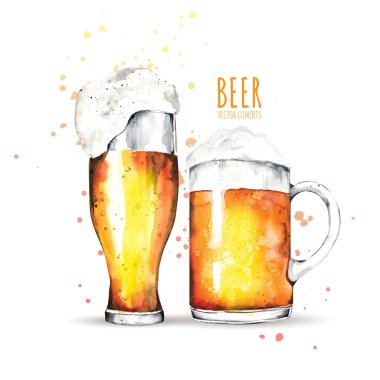 Bira temalı sulu boya öğeleri. Bira cam, atlama, malt.