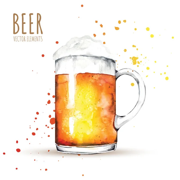 Watercolor elements on the theme of beer. Beer glass, hops, malt. — Stock Vector