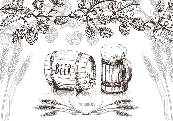 Painted elements on the theme of beer. Vector set. Beer glass, mug, bottle, and hop. Vintage vector engraving illustration for web, poster, invitation to party. — Stock Vector