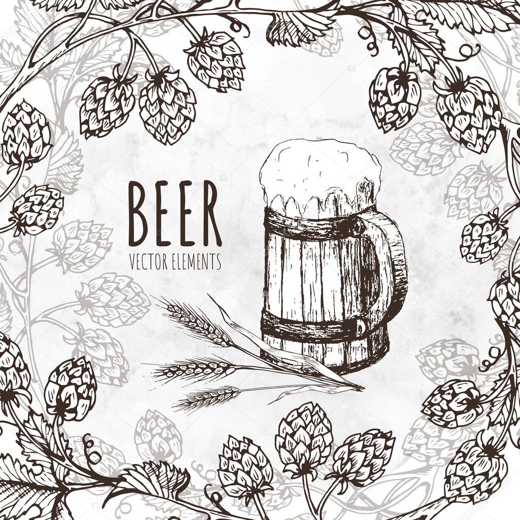 Painted elements on the theme of beer. Vector set. Beer glass, mug, bottle, and hop. Vintage vector engraving illustration for web, poster, invitation to party.