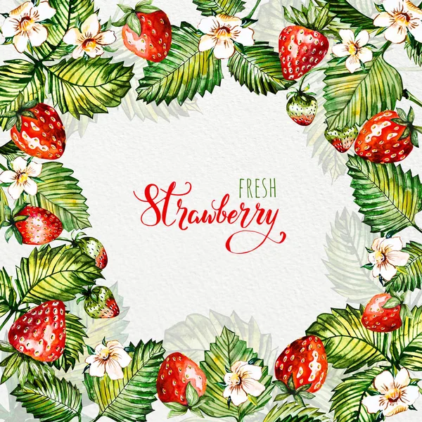 Akvarell blommig bakgrund med jordgubbar. Sommarkortet. Ram med akvarell jordgubbar. — Stockfoto