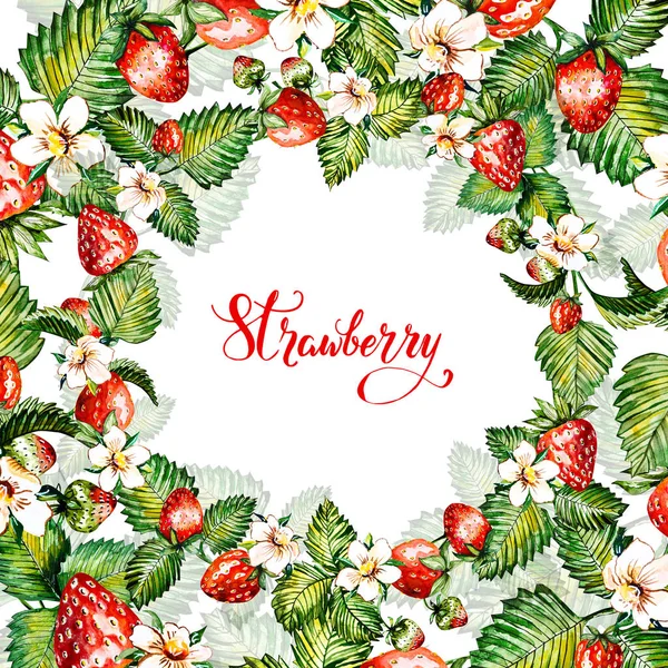 Aquarel bloemen achtergrond met aardbeien. Zomer kaart. Frame met aquarel aardbeien. — Stockfoto