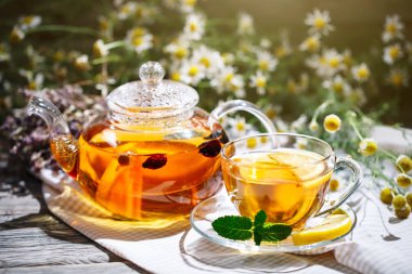 Fincan sıcak çay nane ve yaz bahçesinde ahşap bir masa üzerinde bir kekik ile.