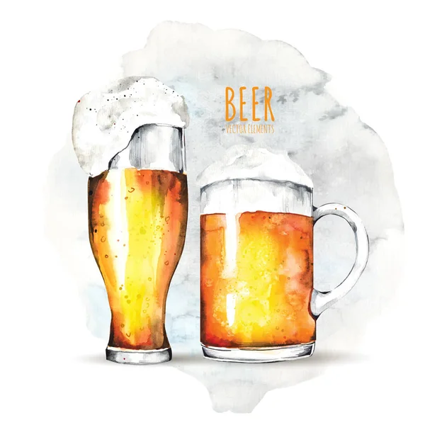 Watercolor elements on the theme of beer. Beer glass, hops, malt. — Stock Vector