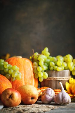 Mutlu Şükran günü arka plan, ahşap masa Pumpkins, Mısır, meyve ve sonbahar yaprakları ile süslenmiş. Hasat Festivali. Seçici odak. Dikey. Arka plan kopya alanı ile.