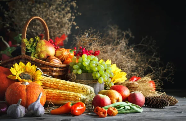 Mutlu Şükran günü arka plan, ahşap masa Pumpkins, Mısır, meyve ve sonbahar yaprakları ile süslenmiş. Hasat Festivali. Seçici odak. Yatay. Arka plan kopya alanı ile.