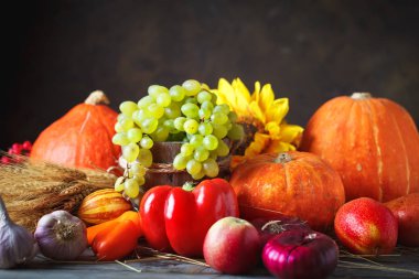 Mutlu Şükran günü arka plan, ahşap masa Pumpkins, Mısır, meyve ve sonbahar yaprakları ile süslenmiş. Hasat Festivali. Seçici odak. Yatay.