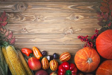 Mutlu Şükran günü arka plan, Pumpkins, Mısır, meyve ve sonbahar yaprakları ile süslenmiş tablo. Hasat Festivali. Üstten görünüm. Yatay. Arka plan kopya alanı ile.