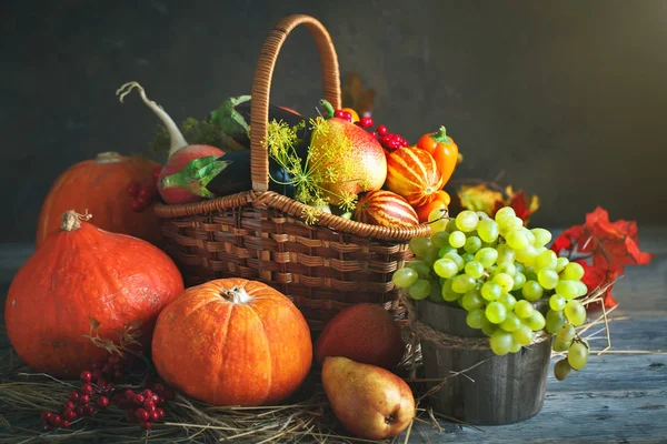 Ευτυχής ημέρα των Ευχαριστιών στο παρασκήνιο, ξύλινο πίνακα με διακοσμημένα με τις κολοκύθες, καλαμπόκι, φρούτα και το φθινόπωρο τα φύλλα. Φεστιβάλ συγκομιδή. Επιλεκτική εστίαση. Οριζόντια. — Φωτογραφία Αρχείου