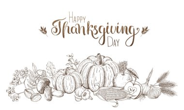 Çizilmiş meyve ve sebzeler. Şükran günü ve hasat festivali. Oyulmuş stili.