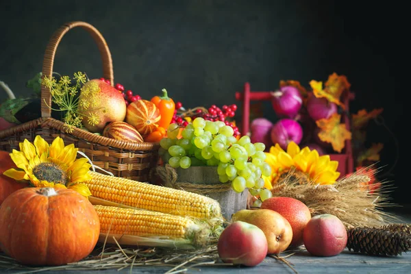 Feliz Dia de Ação de Graças fundo, mesa de madeira decorada com abóboras, milho, frutas e folhas de outono. Festival da colheita. Foco seletivo. Horizontal. Fundo com espaço de cópia . — Fotografia de Stock