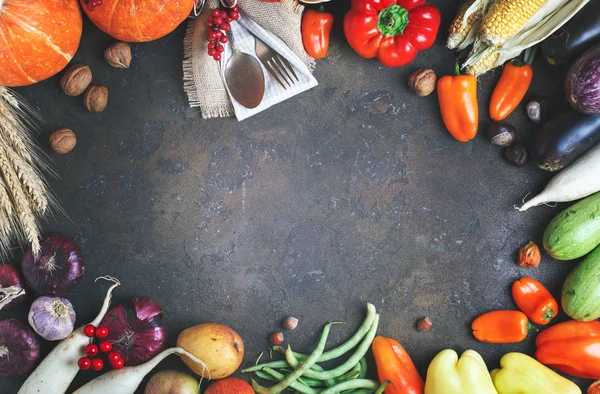 stock image Happy Thanksgiving Day background, table decorated with Pumpkins, Maize, fruits and autumn leaves. Harvest festival. The view from the top. Horizontal. Background with copy space.