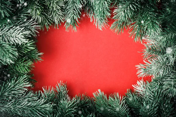 Καλά Χριστούγεννα και Ευτυχισμένο το νέο έτος. Ένα πλαίσιο του fir-δέντρο κλαδιά σε κόκκινο φόντο. Επιλεκτική εστίαση. Χριστούγεννα με φόντο. Οριζόντια. Φόντο με αντίγραφο χώρου. — Φωτογραφία Αρχείου