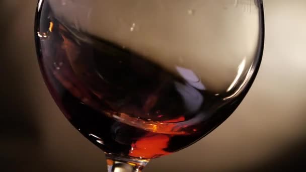 Cognac roteras i ett glas. På mörk bakgrund. — Stockvideo