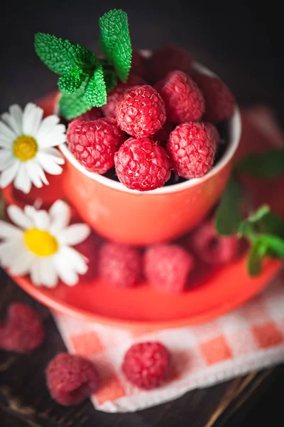 Málna egy piros csésze Kamilla és a levelek egy sötét háttér. Nyári és egészséges élelmiszer-koncepció. Szelektív fókusz. — Stock Fotó