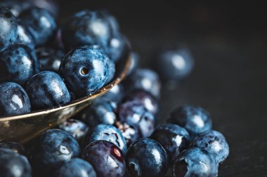 Rustik masada yeşil yaprakları ile sulu ve taze yaban mersini. Yaban mersini antioksidan. Sağlıklı yeme ve beslenme kavramı. Seçici odak.