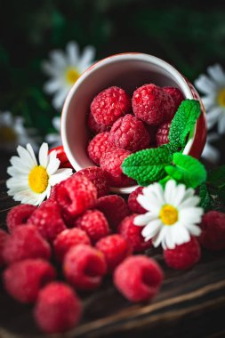 Papatya ile kırmızı bir fincan ahududu ve koyu bir arka plan üzerinde bırakır. Yaz ve sağlıklı gıda konsepti. Seçici odaklama.