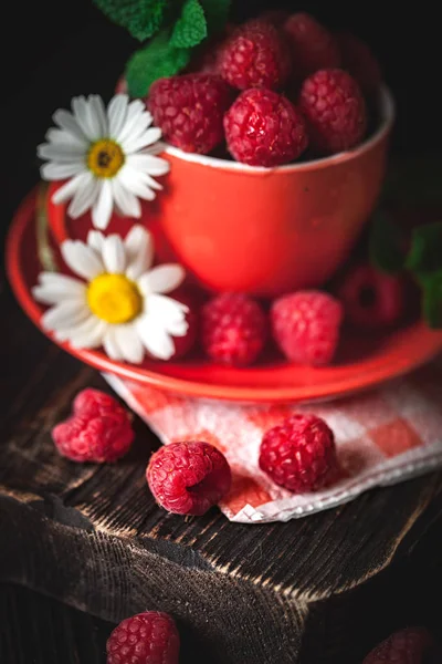 Málna egy piros csésze Kamilla és a levelek egy sötét háttér. Nyári és egészséges élelmiszer-koncepció. Szelektív fókusz. — Stock Fotó