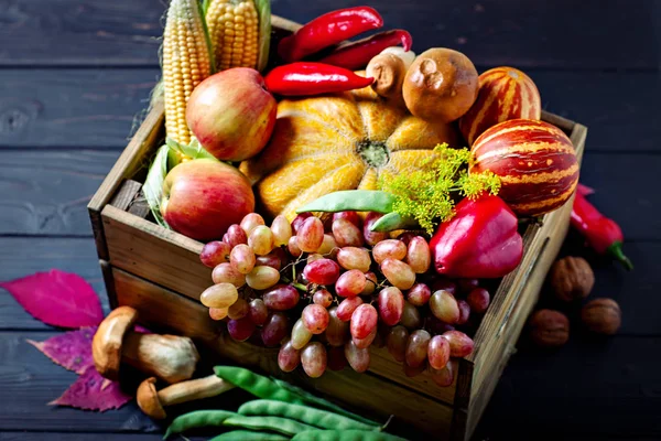식탁은 채소와 과일로 장식되어 있다. 추수 축제. 해피 추수 감사절. 배경은 다음과 같다. 선택적 초점. — 스톡 사진