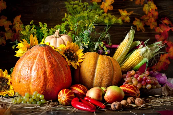 De tafel, versierd met groenten en fruit. Oogstfeest. Fijne Thanksgiving. Herfst achtergrond. Selectieve focus. — Stockfoto