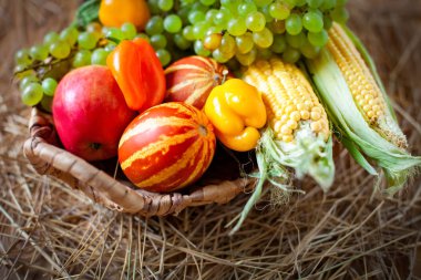 Sebze ve meyvelerle süslenmiş bir masa. Hasat Festivali. Mutlu Şükran Günleri Sonbahar arkaplanı. Seçici odak.