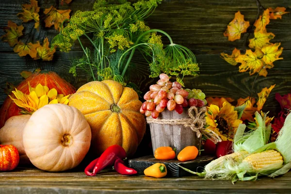 De tafel, versierd met groenten en fruit. Oogstfeest. Fijne Thanksgiving. Herfst achtergrond. Selectieve focus. — Stockfoto