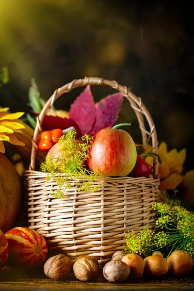 De tafel, versierd met groenten en fruit. Oogstfeest. Fijne Thanksgiving. Herfst achtergrond. Selectieve focus. — Stockfoto