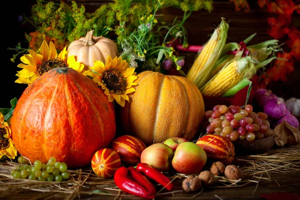 Der Tisch ist mit Gemüse und Obst dekoriert. Erntedankfest. Frohes Thanksgiving. Herbst im Hintergrund. Selektiver Fokus. — Stockfoto