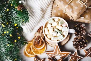 Bir fincan sıcak kakao ve Noel kurabiyesi. Mutlu Noeller ve mutlu yıllar. Seçici odaklanma. Üst görünüm.