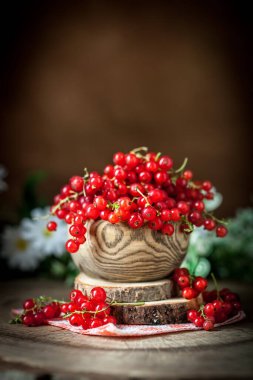 Koyu kırsal ahşap masada taze kırmızı frenk üzümü tabağı. Kopya alanı olan bir arkaplan. Seçici odak.
