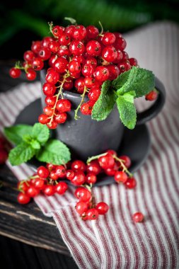 Koyu kırsal ahşap bir masada fincanda taze kırmızı frenk üzümü. Kopyalamak için alanı olan bir arka plan. Seçici odak.