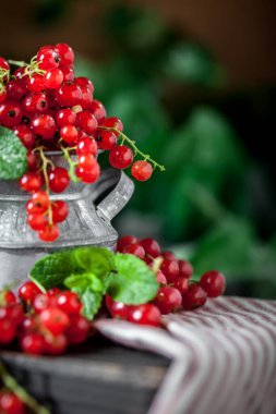 Koyu kırsal ahşap bir masada fincanda taze kırmızı frenk üzümü. Kopyalamak için alanı olan bir arka plan. Seçici odak.