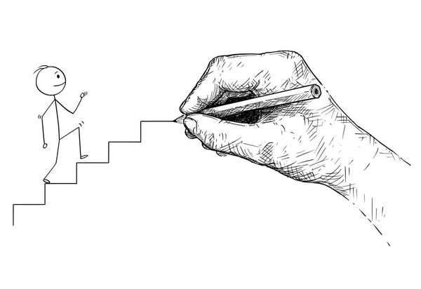 Γελοιογραφία του ανθρώπου ή το περπάτημα μέχρι το σκάλες και μεγάλο χέρι Ζωγραφική ο τρόπος για τον επιχειρηματία — Διανυσματικό Αρχείο