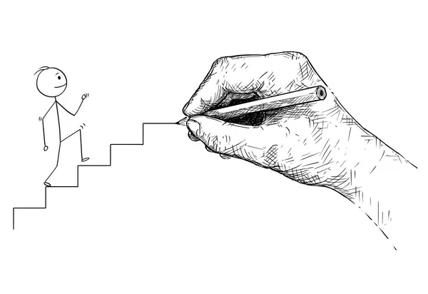 남자 또는 계단 및 그에 대 한 방법을 그리기 큰 손까지 사업가의 만화 — 스톡 벡터